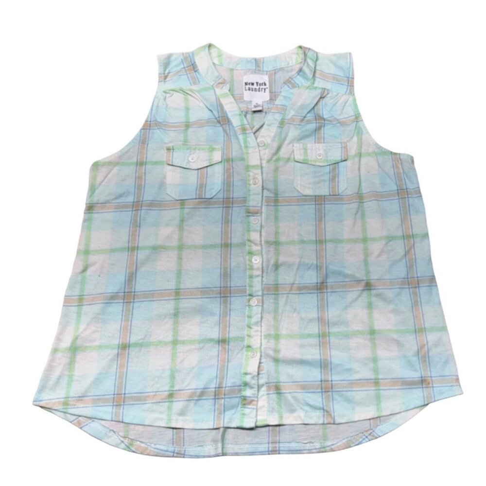 Sleeveless Plaid Button-Up Shirt By New York Laundry XL